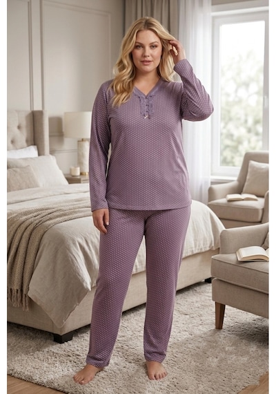 Eyfuze Kadın Büyük Beden Desenli Yakası Düğmeli Uzun Kollu Bambu Pijama Takımı Mürdüm