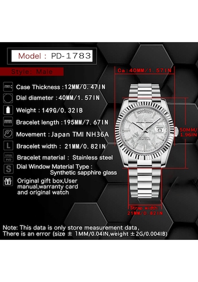 Pagani Design Pd-1783 Day-date Otomatik Nh36a Japon Mekanizma, Safir Cam,su Geçirmez Full Çelik Erkek Kol Saati Beyaz Diğer