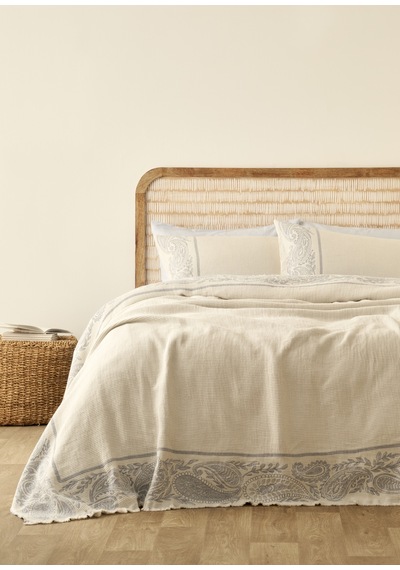 %100 Pamuk Paisley Jakarlı Çift Kişilik Yatak Örtüsü Seti Mavi 240x260 Cm