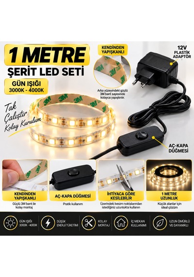 Mutfak Dolap Ayna Aydınlatma 1 Metre Gün Işığı Aç Kapat Düğmeli Şerit Led Seti 12v Adaptörlü Aç Kapa Düğmeli Kendinden
