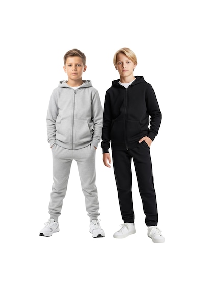 Panios Kids 2'li Fermuarlı Kanguru Cepli Kapüşonlu Düz Baskısız Erkek Çocuk Eşofman Takımı Gri - Siyah