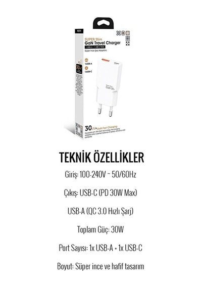 30w Gan Süper İnce Hızlı Şarj Adaptörü 1xusb 1xtype-c Pd 30