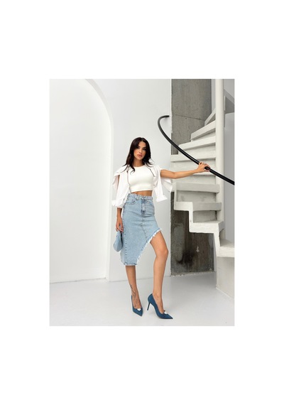 Kene Jeans Kadın Etek Püsküllü Asimetrik Kot Etek Mavi