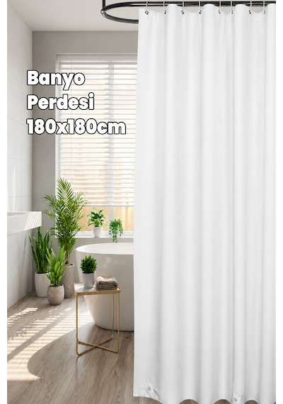 Banyo Perdesi - Su Geçirmez - Duş Duşakabin Perde - 12 Kancalı - 180x180 Cm - Kendinden Delikli Kolay Takılan Kanca Beyaz