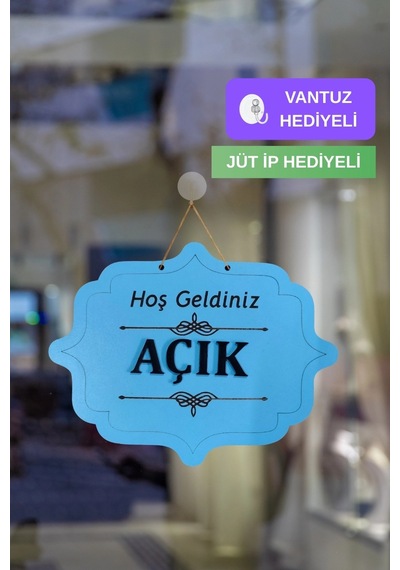 Ahşap Dekoratif Kesim Açık-kapalı Yazısı - Açık Mavi