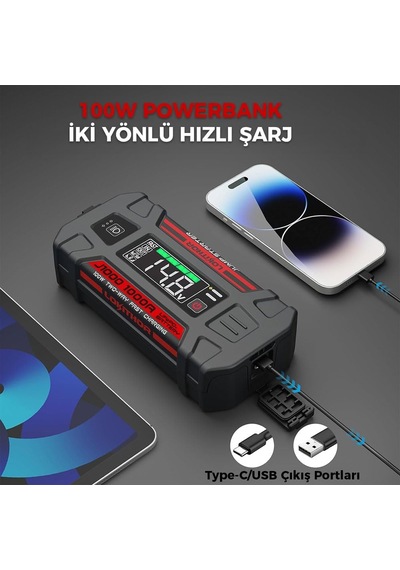 Tr J1000 12v 1000amp Lifepo4 Akıllı Akü Takviye + Powerbank + Led Lamba