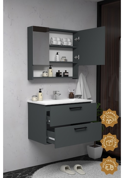 Teta Home Batum 80 Cm Mdf Banyo Dolabı Seti Antrasit