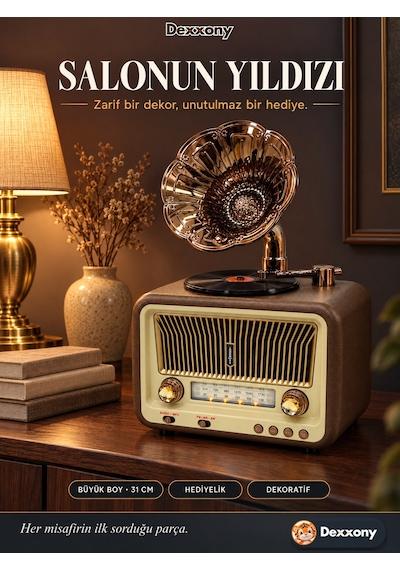 Dexxony Dx-2528 Kahverengi Nostaljik Radyo Retro Gramofon Büyük Boy Şarjlı Bluetooth Hoparlör Fm Usb