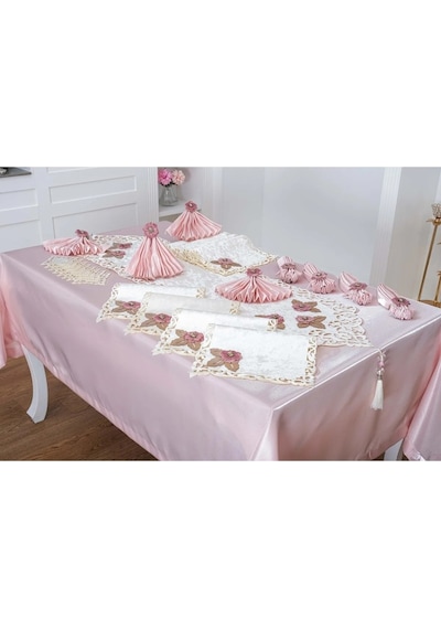 Afife Kadife Krem Pudra Sofra Takımı 8 Kişilik 160x230 Cm 34 Parça -1426 Çok Renkli