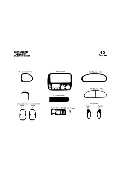 Chrysler Voyager Torpido Kaplama 1996-2001 12 Parça Piano Black
