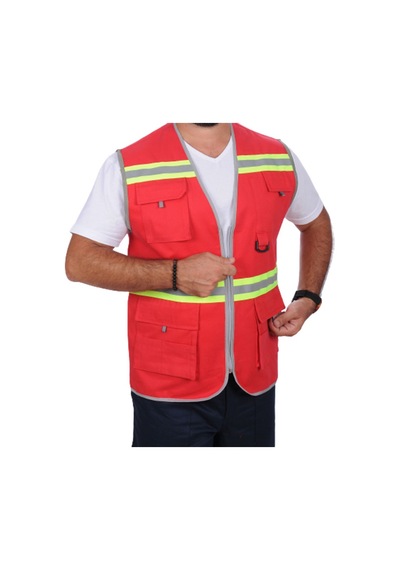 Formteks İşçi Çok Cepli Reflektörlü Alet Yeleği Kırmızı / Yeşil Kırmızı