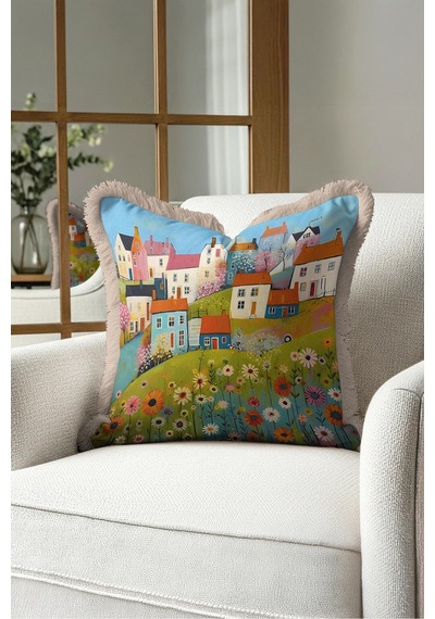Çiçekli Köy Manzaralı Pastel Saçaklı Yastık Kılıfı - Kır Evleri Boho Krem Püsküllü Kırlent Kılıfı Sakin Esinti Aura Çiçekli Köy Manzaralı Pastel Saçaklı Yastık Kılıfı - Kır Evleri Boho Krem Püsküllü Kırlent Kılıfı Sakin Esinti Aura