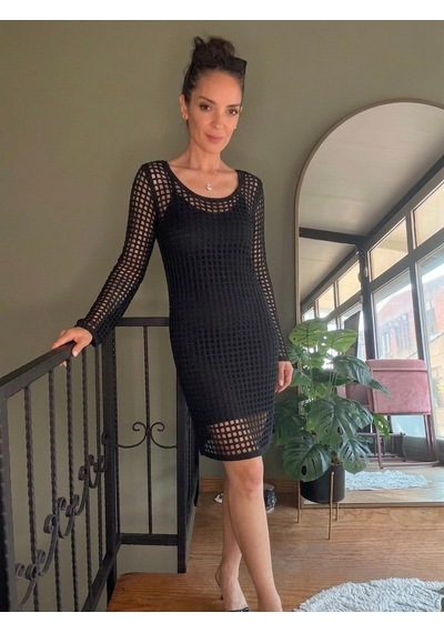 Ali Butik Siyah Uzun Kollu File Örgü Crochet Elbise
