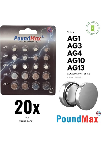 Poundmax 20 Adet Ag1,ag3,ag4,ag10,ag13 Alkalin Karışık Pil