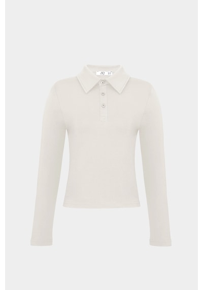 Açelyaokcu Premium Polo Yaka Vatka Detaylı Pamuklu Fit Tişört Krem