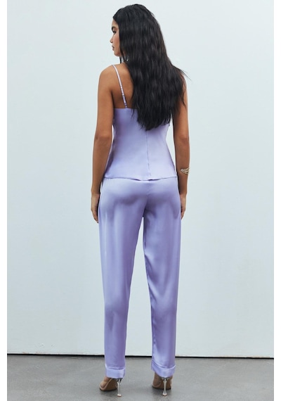 Brûleur Lila Degaje Yaka Askılı Uzun Saten Pijama Takımı LILA