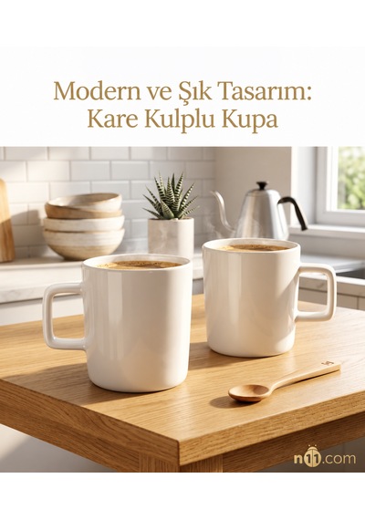 2'li Modern Kare Kulplu Porselen Kupa Vavaplus Beyaz