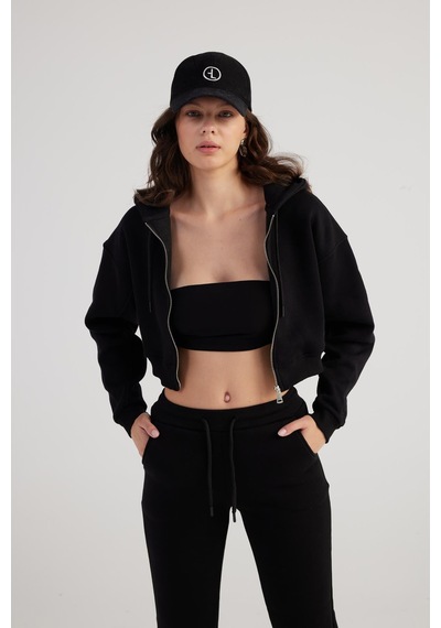 Holly Lolly Kadın Siyah Kapüşonlu Uzun Kol Fermuarlı Crop Mixed Sweat