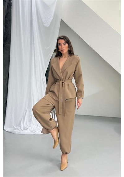 Neşeli Butik Vizon Kahverengi Kuşak Detaylı Oversize Şalvar Pantolon Blazer Ceket Takım Nbnp023 Neşeli Butik Vizon Kahverengi Kuşak Detaylı Oversize Şalvar Pantolon Blazer Ceket Takım Nbnp023