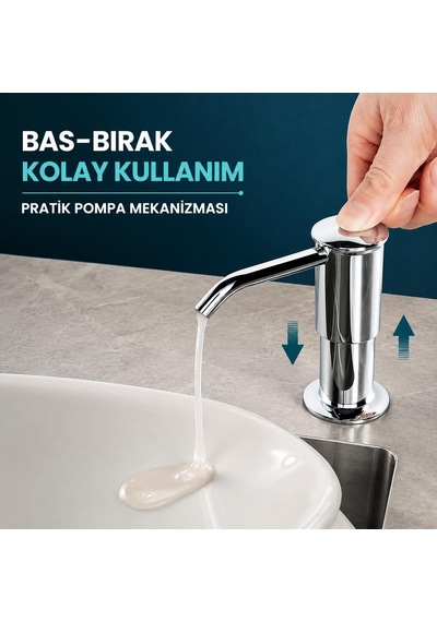 Valkyrie Ankastre Sıvı Sabunluk Bulaşık Deterjanı Pompası 304 Paslanmaz Çelik 1 Metre Hortumlu Gümüş