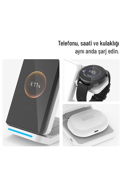 Woyax Wireless Kablosuz Şarj Standı Katlanabilir Huawei Watch Apple Uyumlu iPhone Android Telefon Saat Kulaklık Uyumlu 3in1 Beyaz