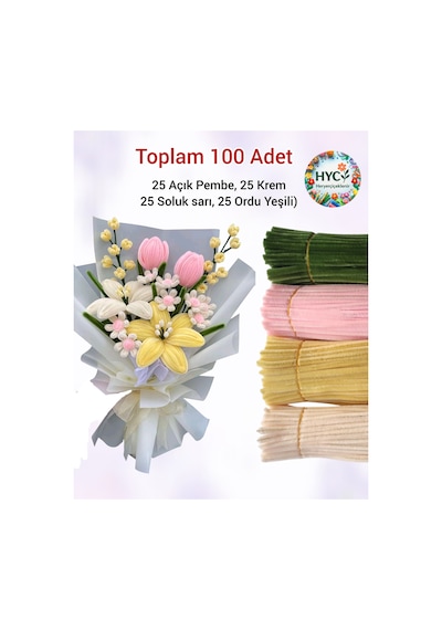 100 Adet Pastel Tonlarda Şönil Buket Kiti Tüylü Tel Çiçek Yapım Seti