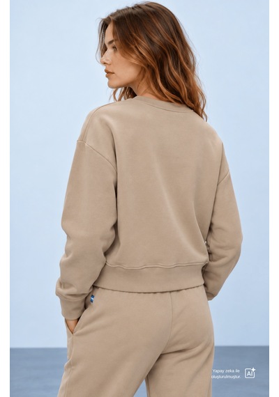 UCLA Cardı Bej Baskılı Pamuk Bisiklet Yaka Loose Fit Kadın Sweatshirt