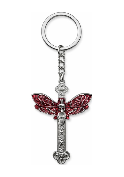 Gotik Kuru Kafa Butterfly Detaylı Metal Anahtarlık Kırmızı Siyah Unisex