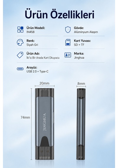 Usb 2.0 Type-c Otg Sd Tf Microsd Kart Okuyucu, Çift Girişli Hafıza Kart Adaptörü, Telefon Tablet Laptop Bilgisayar Uyumlu, Alüminyum Gövde, Koruyucu Kapak N458