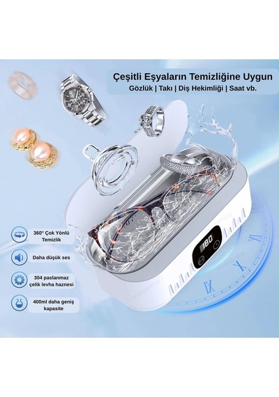 Ultrasonik Temizleme Cihazı 400ml Makyaj Fırçası, Gözlük, Takı & Saat Temizleyici Dijital Zaman Ayarlı Derin Temizlik