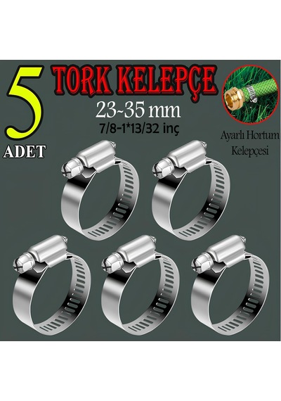 Tr 5 Adet Hortum Kelepçesi Tork Ayarlı 23x35 Mm Paslanmaz Çelik Boru Metal Kelepçe Ayarlanabilir Klips