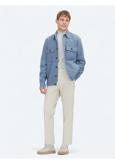 Kip Mavi Düz Regular Fit Uzun Dokuma Yün Karışımlı Overshirt