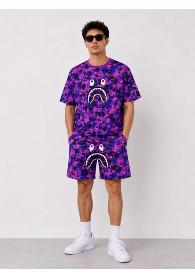 Erkek Oversize Kalıp Pubg Bape X Shark Nakışlı Cepli Şort Takım - Mor