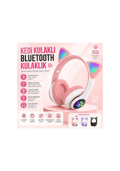 Stn-28 Kulaküstü Kablosuz Kedi Tasarımlı Kulaklık Bluetooth Fm Radyolu Hafıza Kartı Girişli Sevimli Kulaklık