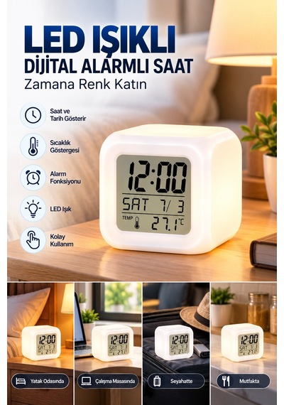 Dekoratif Küp Saat Led Işıklı Dijital Saat Alarm Ve Sıcaklık Özellikli