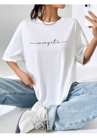Uyguntarz Unisex Energetic Baskılı Tasarım Tshirt Beyaz