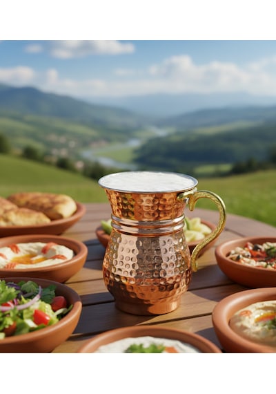Ludıa Geleneksel El İşlemesi 300ml Bakır Kulplu Maşrapa Ayran Bardağı 7,5cmx10cm Bakır