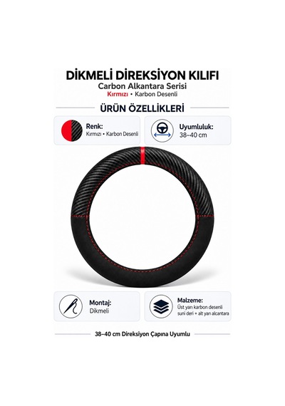 Trobus Tesla Model S 2016-2025 Uyumlu Dikmeli Direksiyon Kılıfı Carbon Alkantara Kırmızı