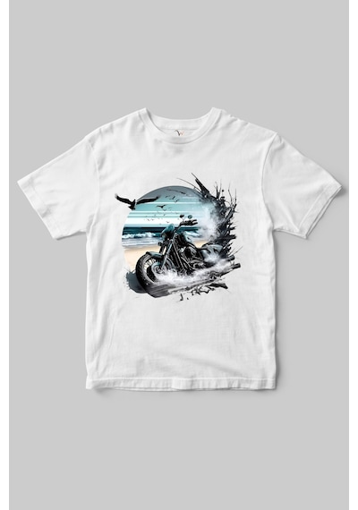 Motorcu Temalı Chopper Motorsiklet Ve Deniz Baskılı Regular Fit %100 Pamuk Bisiklet Yaka T-shirt Beyaz