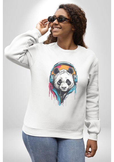 Kulaklık Ayı Panda Unisex Beyaz Baskılı Sweatshirt Beyaz