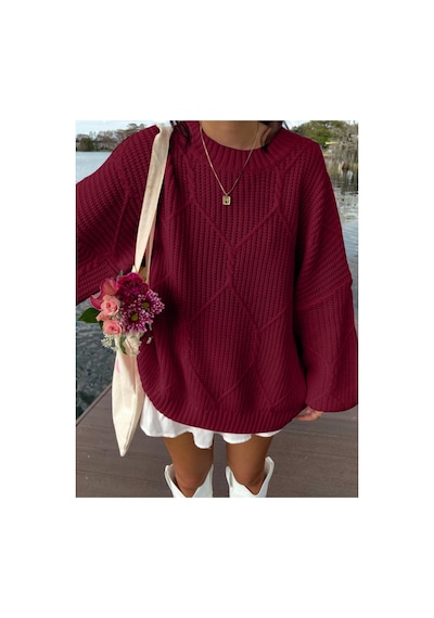 Sayzen Your Shine Selanik Örgülü Oversize Bisiklet Yaka Oversize Kadın Kazak Bordo