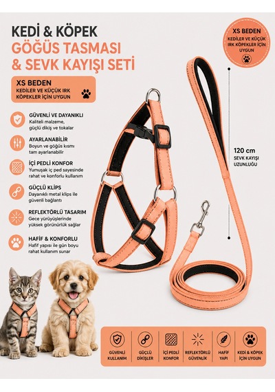 İçi Pedli Reflektörlü Kedi Ve Köpek Göğüs Tasması Sevk Kayışı Seti Xs Beden 120 Cm - Somon Çok Renkli