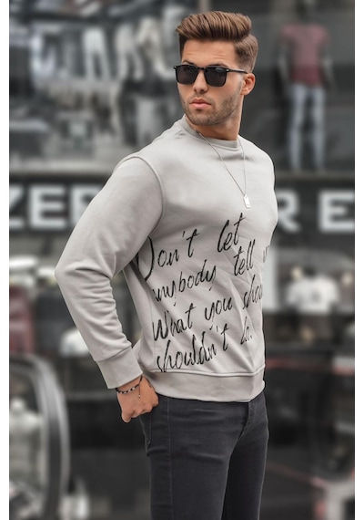 Madmext Boyalı Gri Baskılı Bisiklet Yaka Sweatshirt 6156-boyalı Gri Boyalı Gri