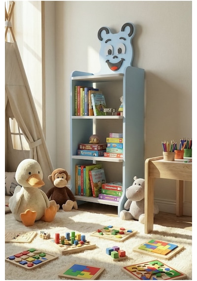 Reyo Falez Çocuk Kitaplık Happy Face 4 Raflı, Sevimli Figürlü Düzenleyici Raf Sistemi - 8026 Mavi