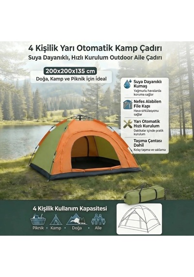 4 Kişilik Yarı Otomatik Kamp Çadırı Suya Dayanıklı, Hızlı Kurulumlu Outdoor Aile Çadırı, Doğa, Kam Çok Renkli