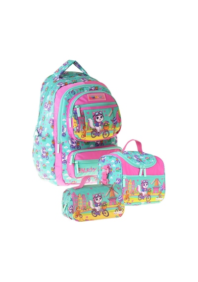 Kaukko Kids Cat Bike Yeşil - Pembe Renk Kız Çocuk Üçlü İlkokul Okul Çantası Seti/takımı - Setkk-l5328a Çok Renkli