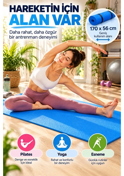 Mavi Pilates Yoga Matı Dokulu Egzersiz Fitness Minderi Evde Spor Ve Esneme Minderi 170x56 Cm 8 Mm