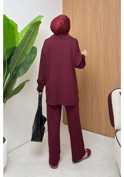 Mihran Butik Soho Elegance Yaka Detaylı Kadın Tesettür Alt Üst Takım Bordo