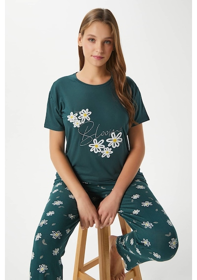 Ritnice Kadın Bloom Yumuşak Doku Yeşil Çiçek İşlemeli Bisiklet Yaka Kısa Kollu Alt Üst Pijama Takımı