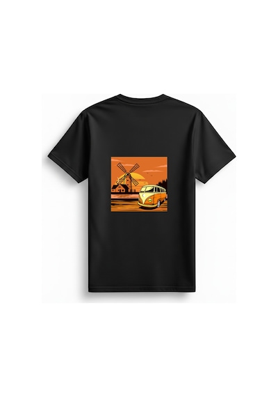 Paybuy Kadın Vintage Minibüs Sunset Manzara Baskılı Günlük Rahat Pamuk T Siyah